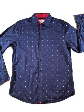 Suslo Couture Mens Shirt XL Navy Anchor Slim Fit Cotton Button Front